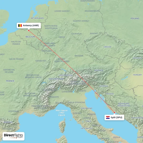 Antwerp - Split direct flight map