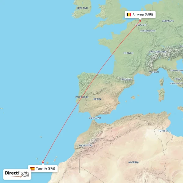 Antwerp - Tenerife direct flight map