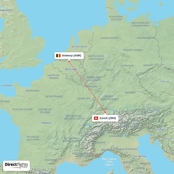 Antwerp - Zurich direct flight map