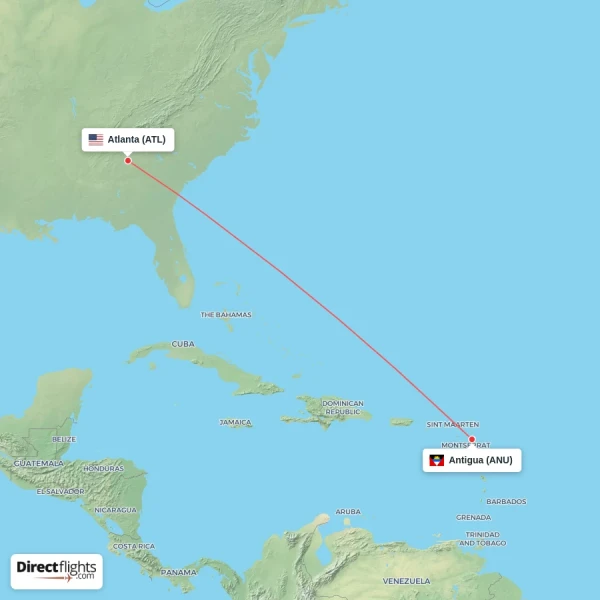 Antigua - Atlanta direct flight map