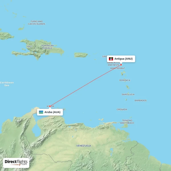 Antigua - Aruba direct flight map