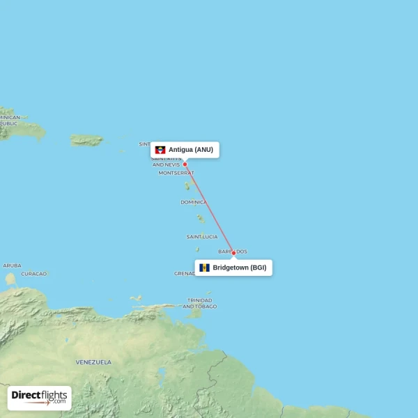 Antigua - Bridgetown direct flight map