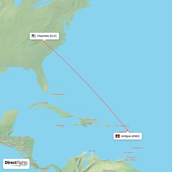 Antigua - Charlotte direct flight map
