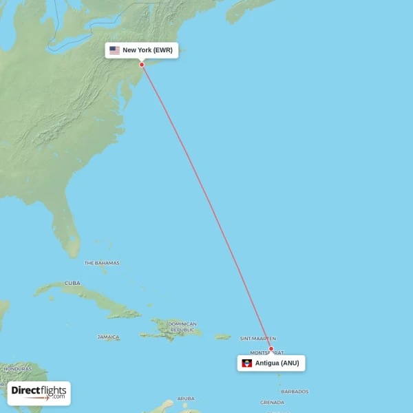 Antigua - New York direct flight map