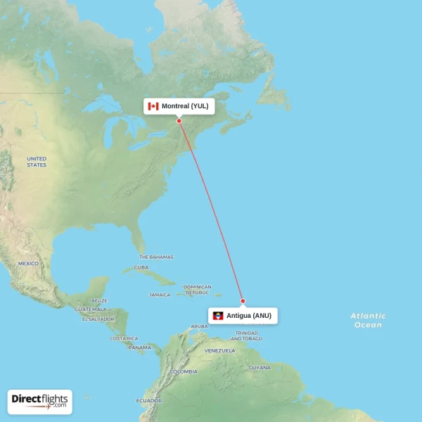 Antigua - Montreal direct flight map
