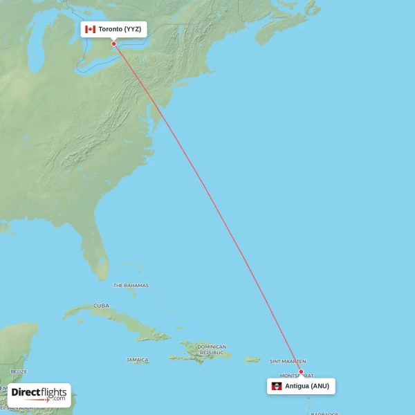 Antigua - Toronto direct flight map