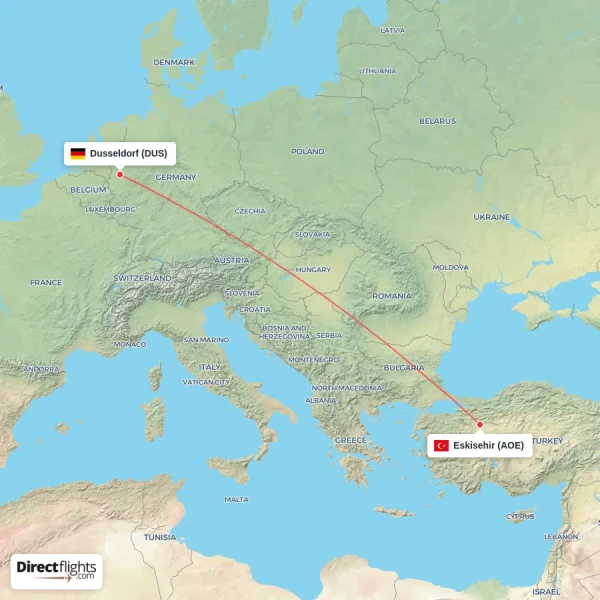 Eskisehir - Dusseldorf direct flight map