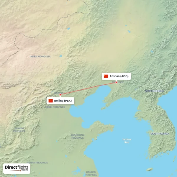 Anshan - Beijing direct flight map