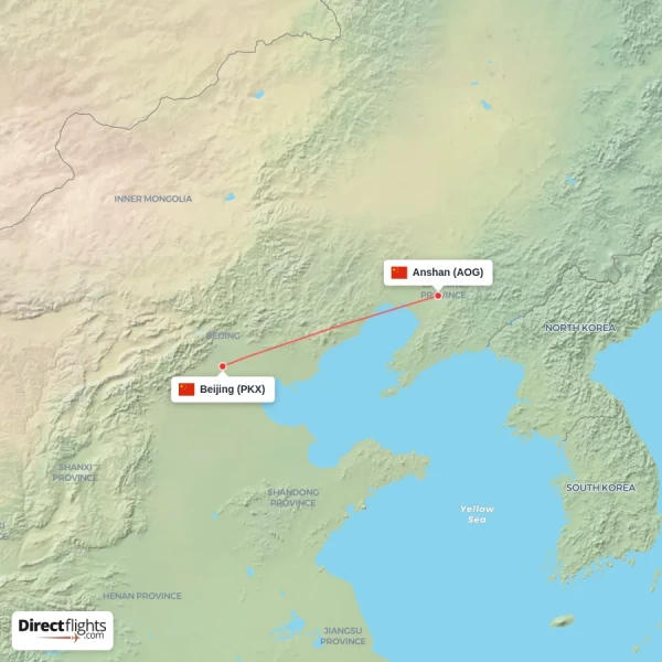 Anshan - Beijing direct flight map