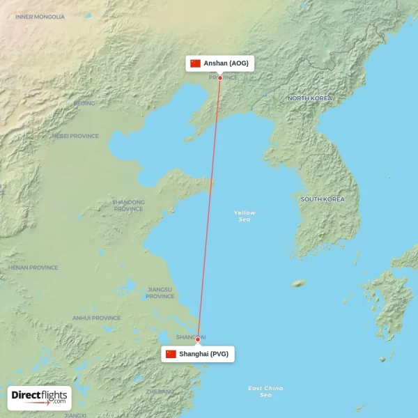 Anshan - Shanghai direct flight map