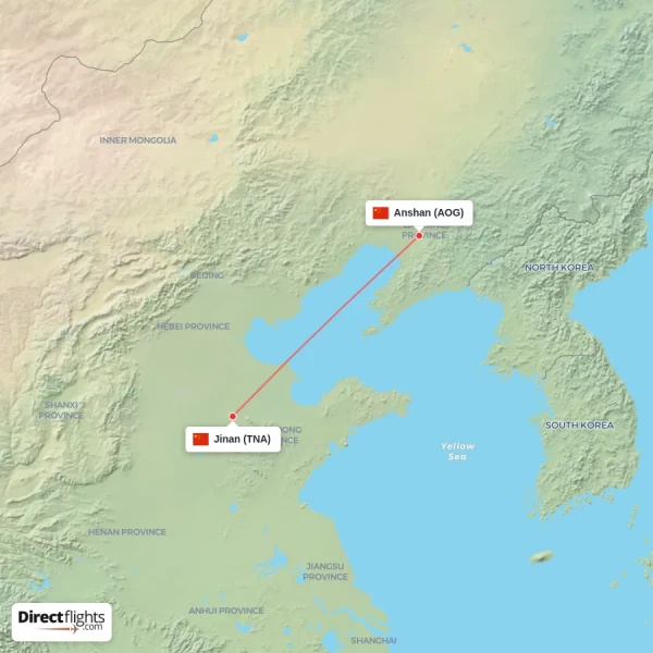 Anshan - Jinan direct flight map