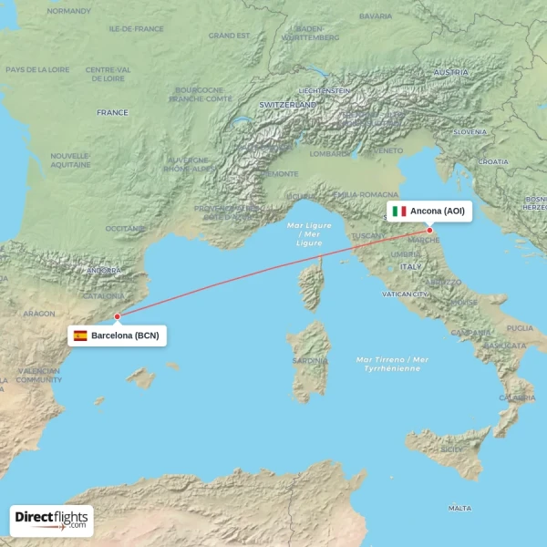 Ancona - Barcelona direct flight map