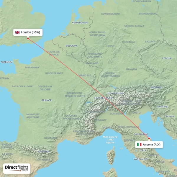 Ancona - London direct flight map