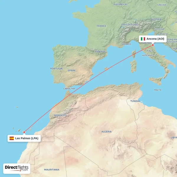 Ancona - Las Palmas direct flight map