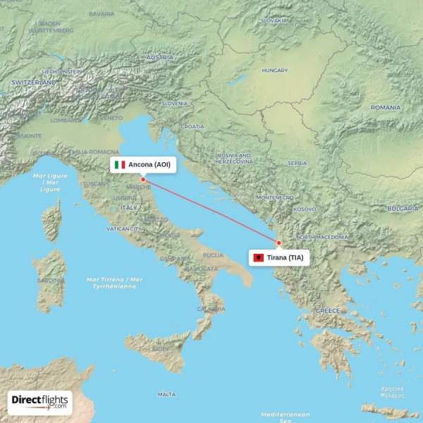 Ancona - Tirana direct flight map