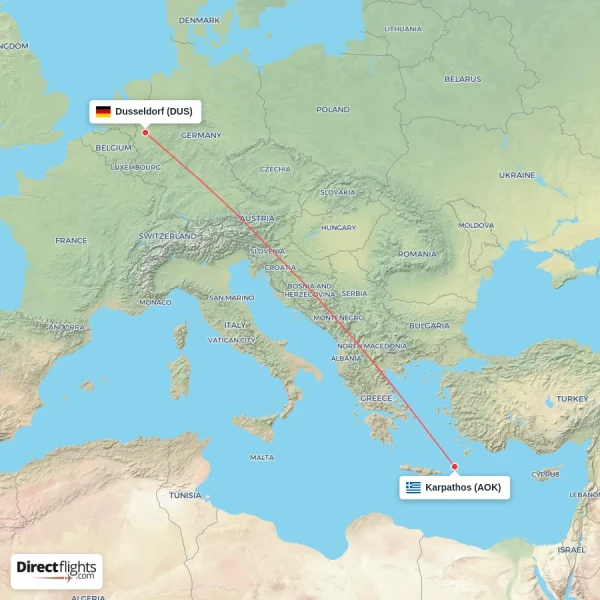 Karpathos - Dusseldorf direct flight map