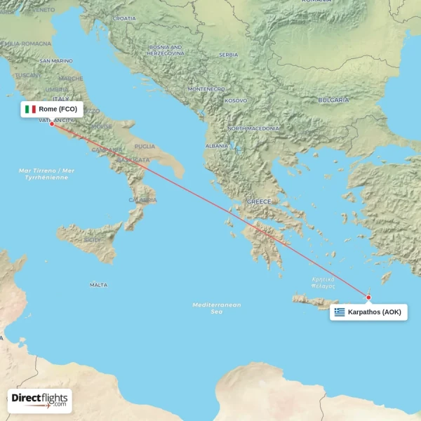 Karpathos - Rome direct flight map