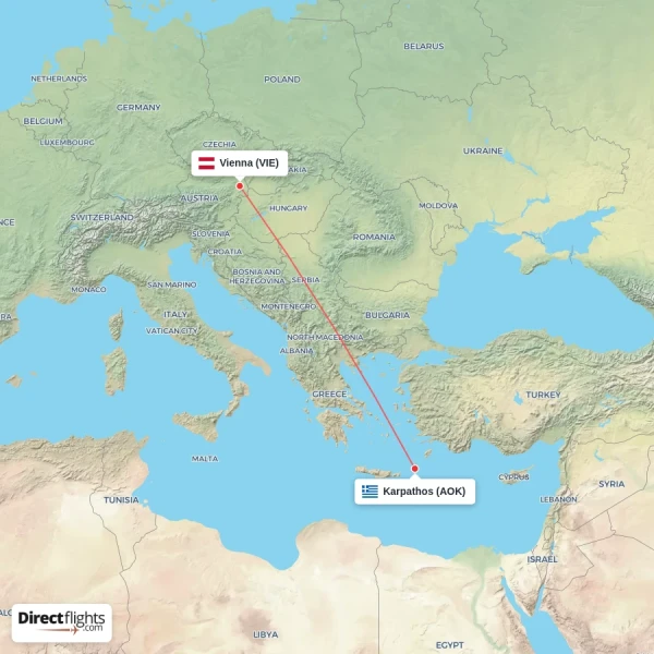 Karpathos - Vienna direct flight map