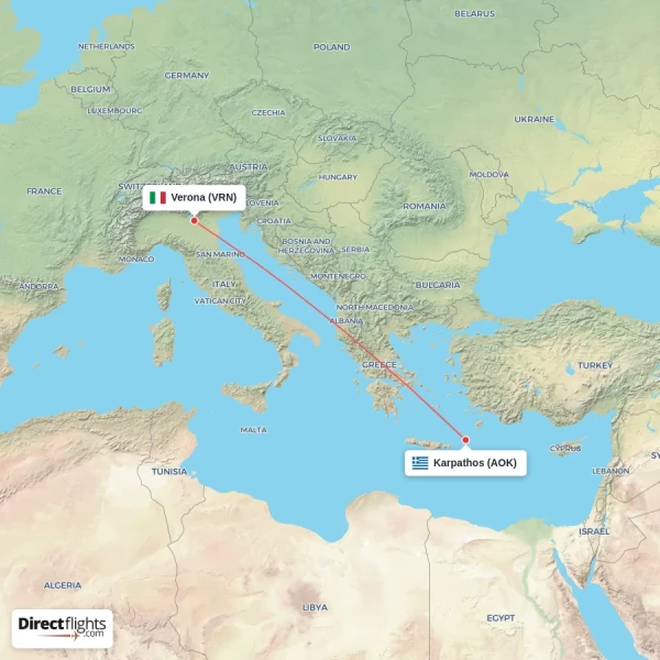 Karpathos - Verona direct flight map