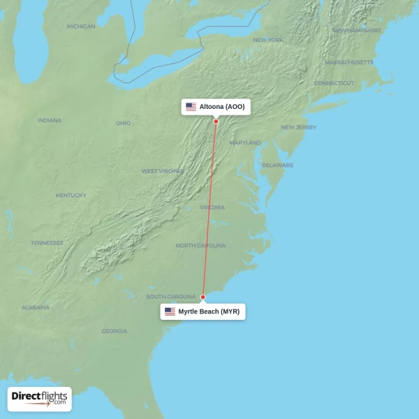 Altoona - Myrtle Beach direct flight map
