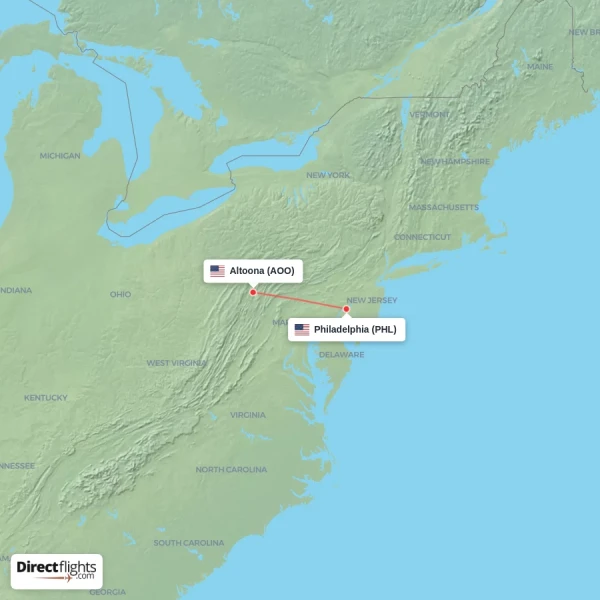 Altoona - Philadelphia direct flight map