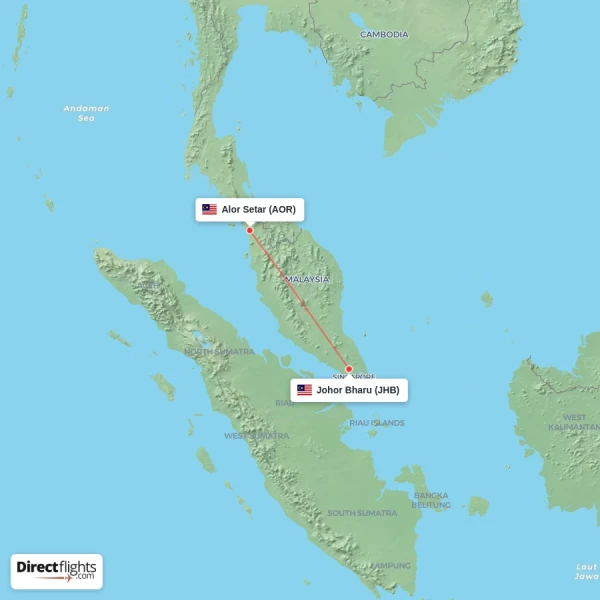 Alor Setar - Johor Bharu direct flight map