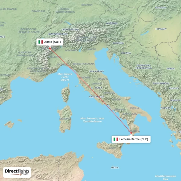 Aosta - Lamezia-Terme direct flight map