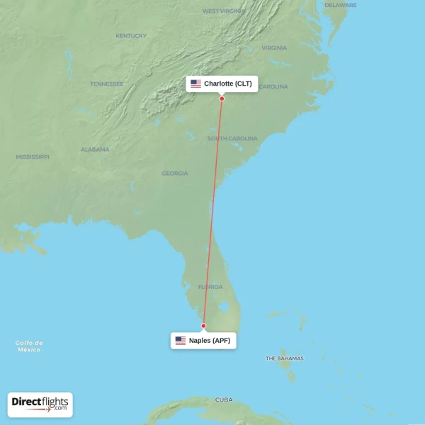 Naples - Charlotte direct flight map