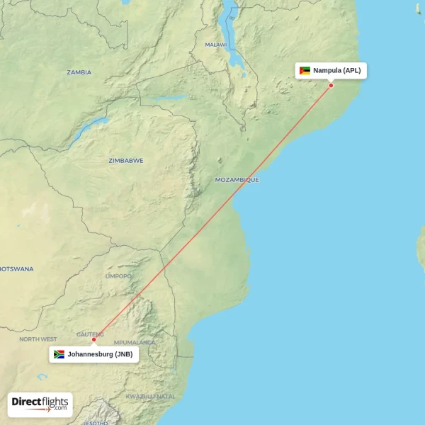 Nampula - Johannesburg direct flight map