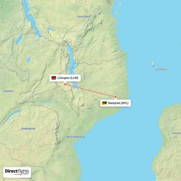 Nampula - Lilongwe direct flight map
