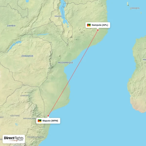 Nampula - Maputo direct flight map
