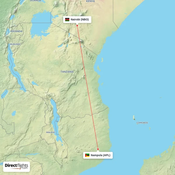 Nampula - Nairobi direct flight map