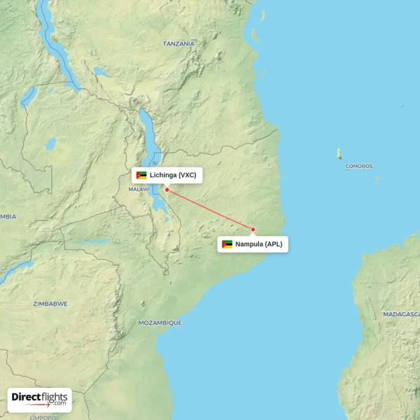Nampula - Lichinga direct flight map
