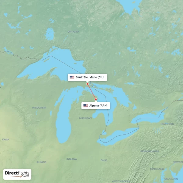 Alpena - Sault Ste. Marie direct flight map