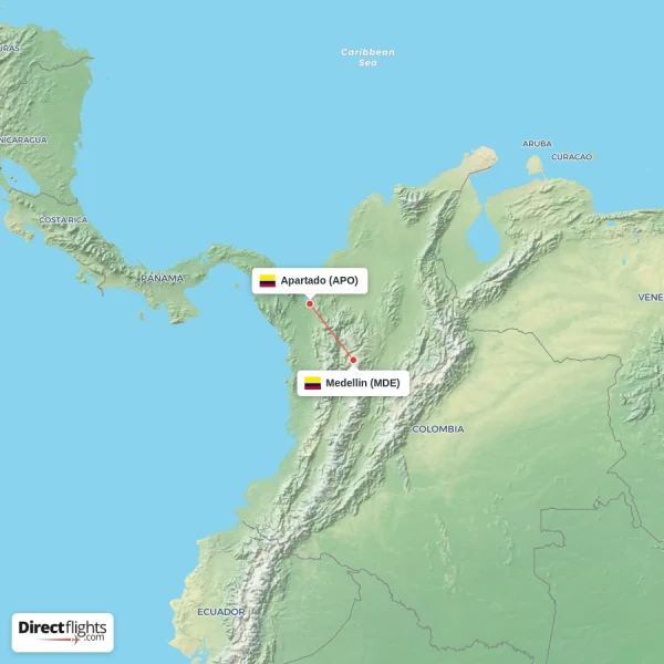 Apartado - Medellin direct flight map
