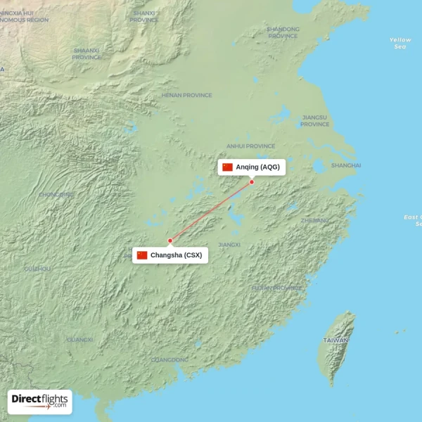 Anqing - Changsha direct flight map