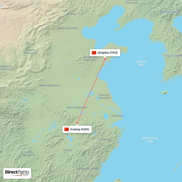 Anqing - Qingdao direct flight map