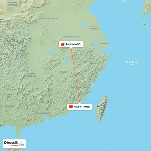 Anqing - Xiamen direct flight map