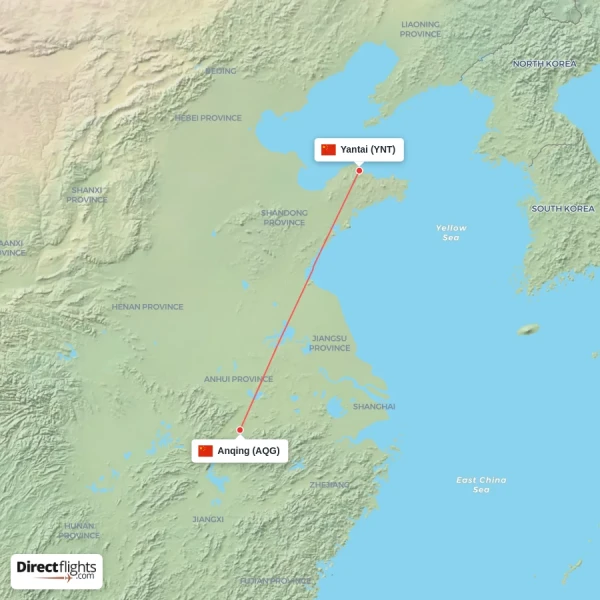 Anqing - Yantai direct flight map