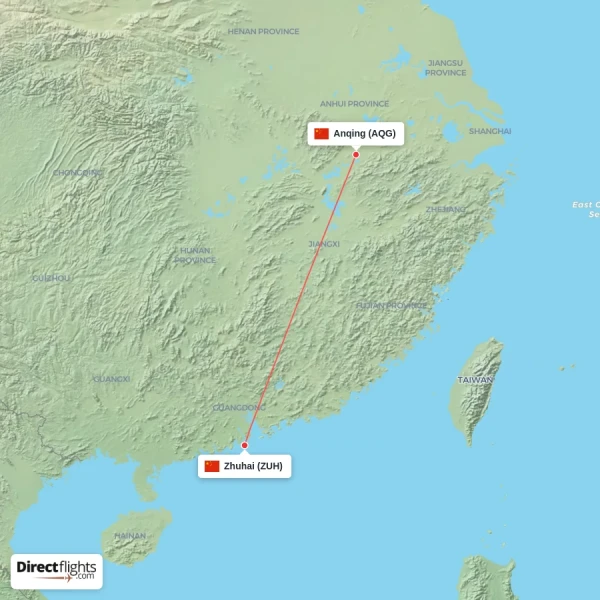 Anqing - Zhuhai direct flight map