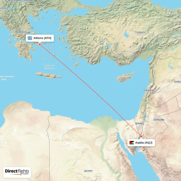 Aqaba - Athens direct flight map