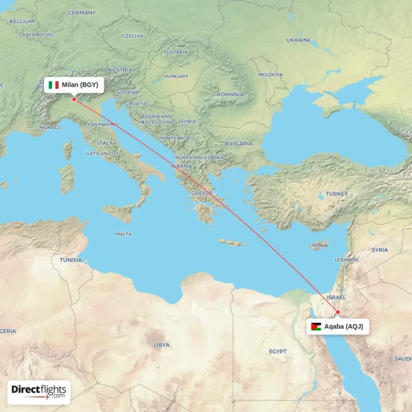 Aqaba - Milan direct flight map