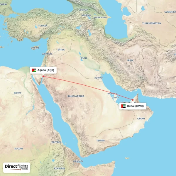 Aqaba - Dubai direct flight map