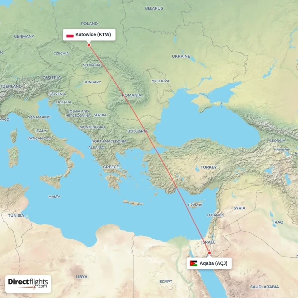 Aqaba - Katowice direct flight map