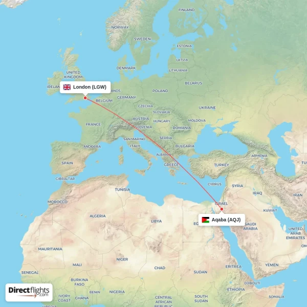 Aqaba - London direct flight map