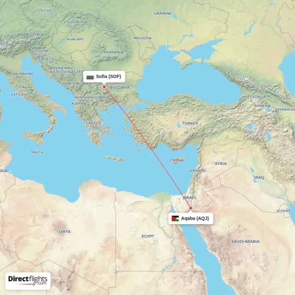 Aqaba - Sofia direct flight map