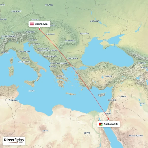 Aqaba - Vienna direct flight map