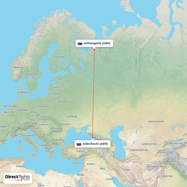 Arkhangelsk - Adler/Sochi direct flight map
