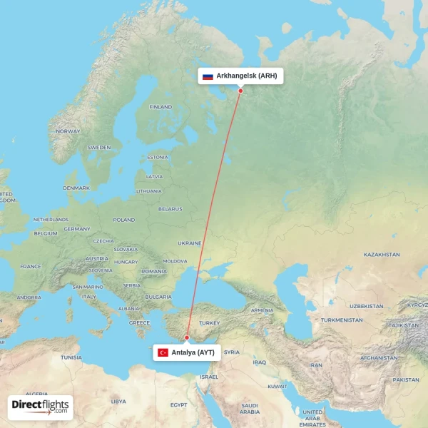 Arkhangelsk - Antalya direct flight map