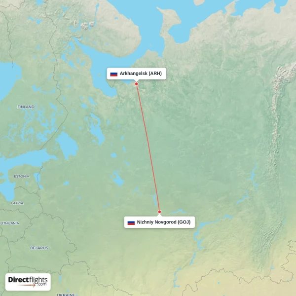 Arkhangelsk - Nizhniy Novgorod direct flight map